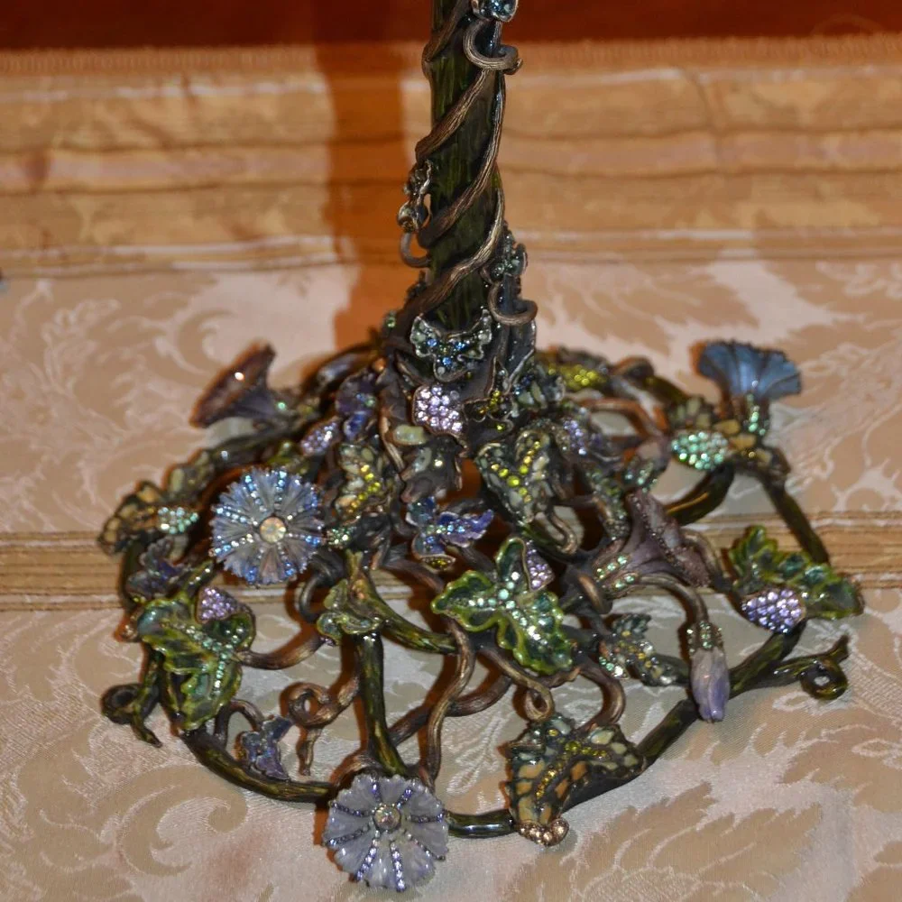 RARE JAY STRONGWATER MORNING GLORY FLOWER LEAF ENAMEL CRYSTAL CANDLESTICK HOLDER